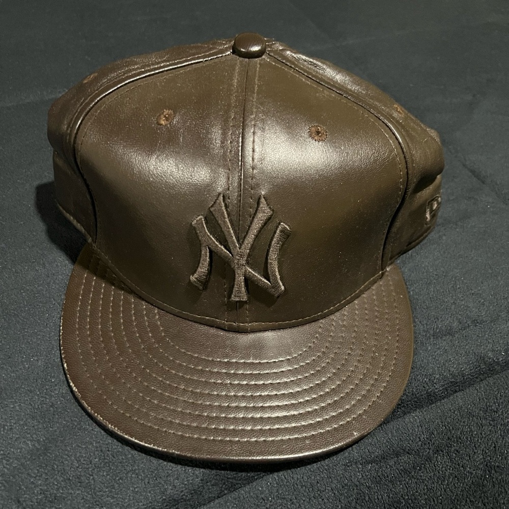 Brown Leather New Era New York Yankee Fitted Hat Size 7-3/4